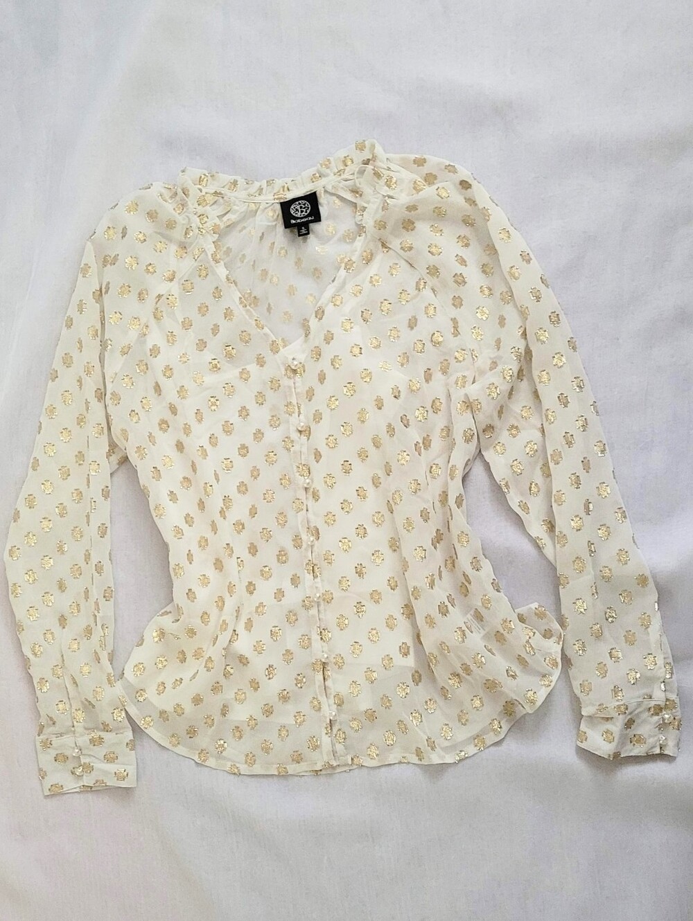 NWOT! Polka Dot Fall Top Gold Foil Pearl Embellished Women's Sheer Blouse Small - Picture 9 of 17